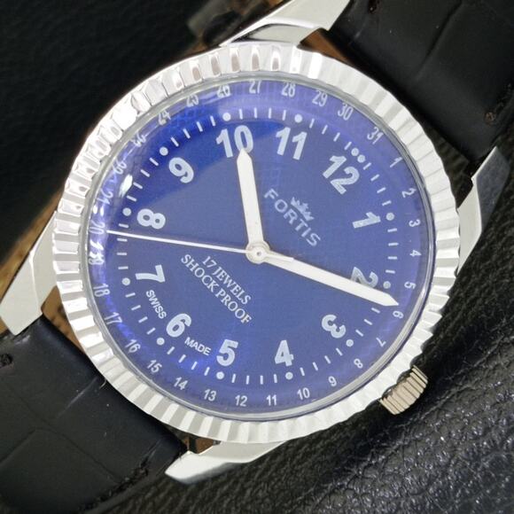 Fortis Other - Vintage 1979 Fortis Manual Mens Silver Watch W/Leather Strap & Blue accents